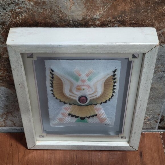 Framed Wall Art Southwest Tribal Eagle Oval Stone Matted Shadow Box Artist Signe - Picture 4 of 11